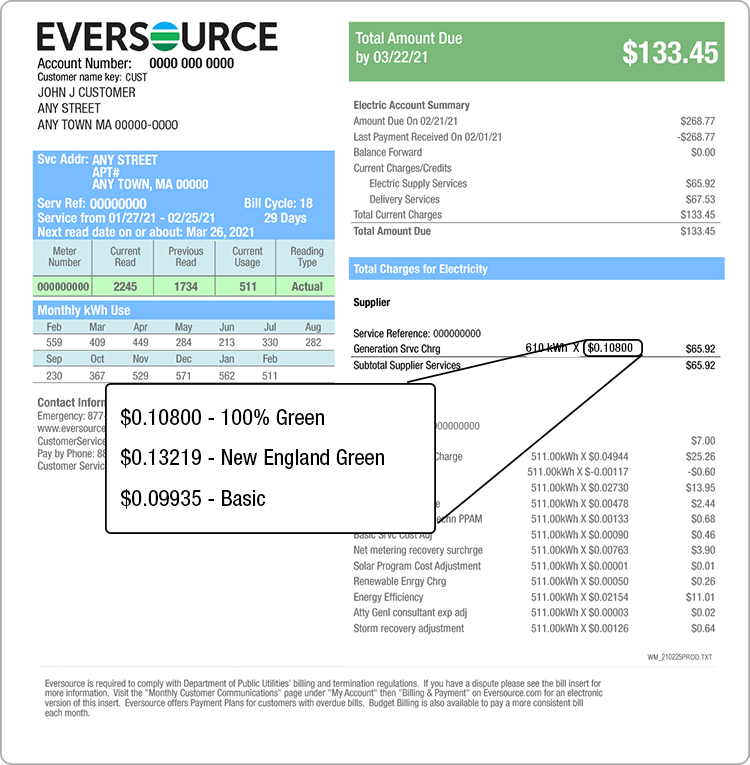 Second page of Eversource bill with supply charge highlighted