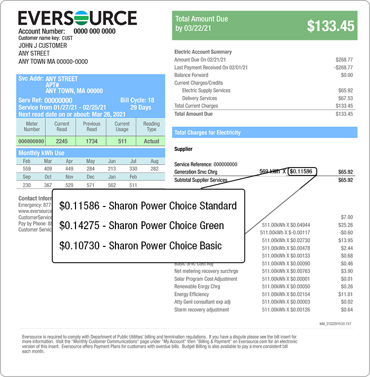 Page 2 Eversource bill example illustrating where to find your supply price. Your supply price is found under Total Charges for Electricity and over your delivery charges.