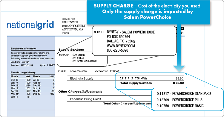 National Grid bill example illustrating where to find the supplier contact information and your supply price. Supply services typically appear on the bottom of the first page or on the top of the second page.