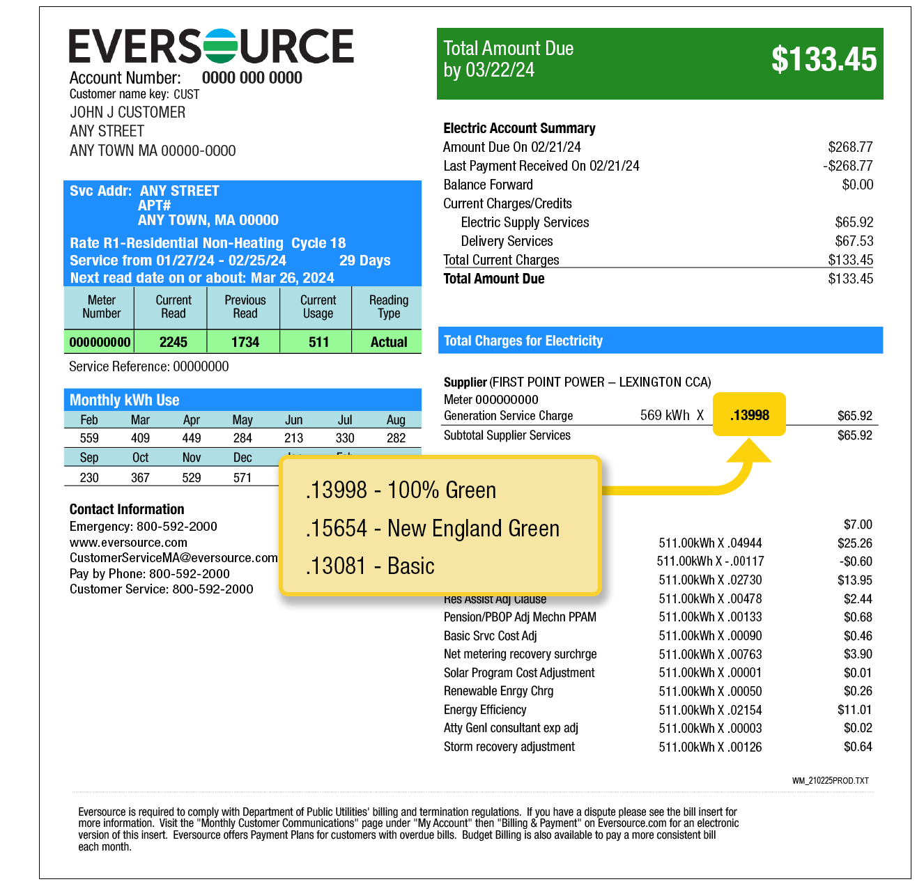 Page 2 Eversource bill example illustrating where to find your supply price. Your supply price is found under Total Charges for Electricity and over your delivery charges.