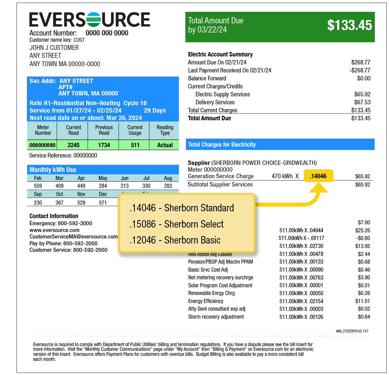 Page 2 Eversource bill example illustrating where to find your supply price. Your supply price is found under Total Charges for Electricity and over your delivery charges.