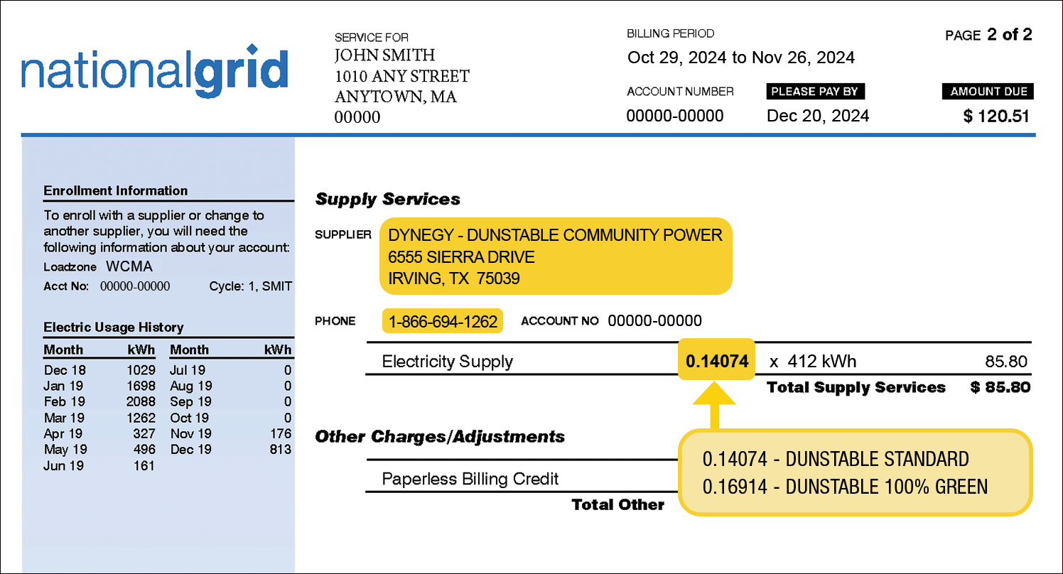 National Grid bill example illustrating where to find the supplier contact information and your supply price. Supply services typically appear on the bottom of the first page or on the top of the second page.