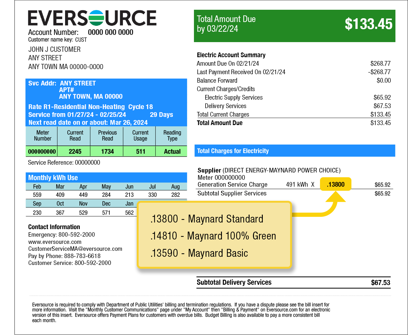 Page 2 Eversource bill example illustrating where to find your supply price. Your supply price is found under Total Charges for Electricity and over your delivery charges.