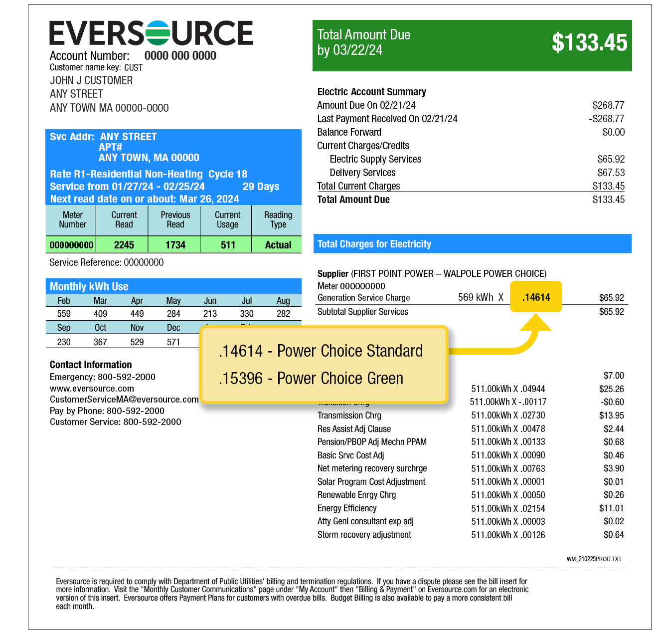 Page 2 Eversource bill example illustrating where to find your supply price. Your supply price is found under Total Charges for Electricity and over your delivery charges.