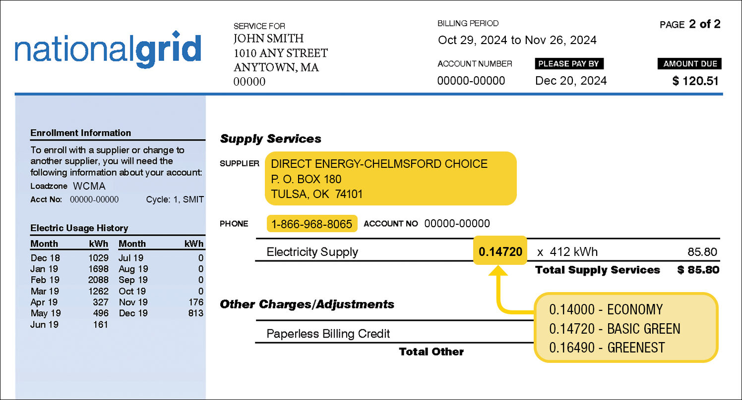 National Grid bill example illustrating where to find the supplier contact information and your supply price. Supply services typically appear on the bottom of the first page or on the top of the second page.