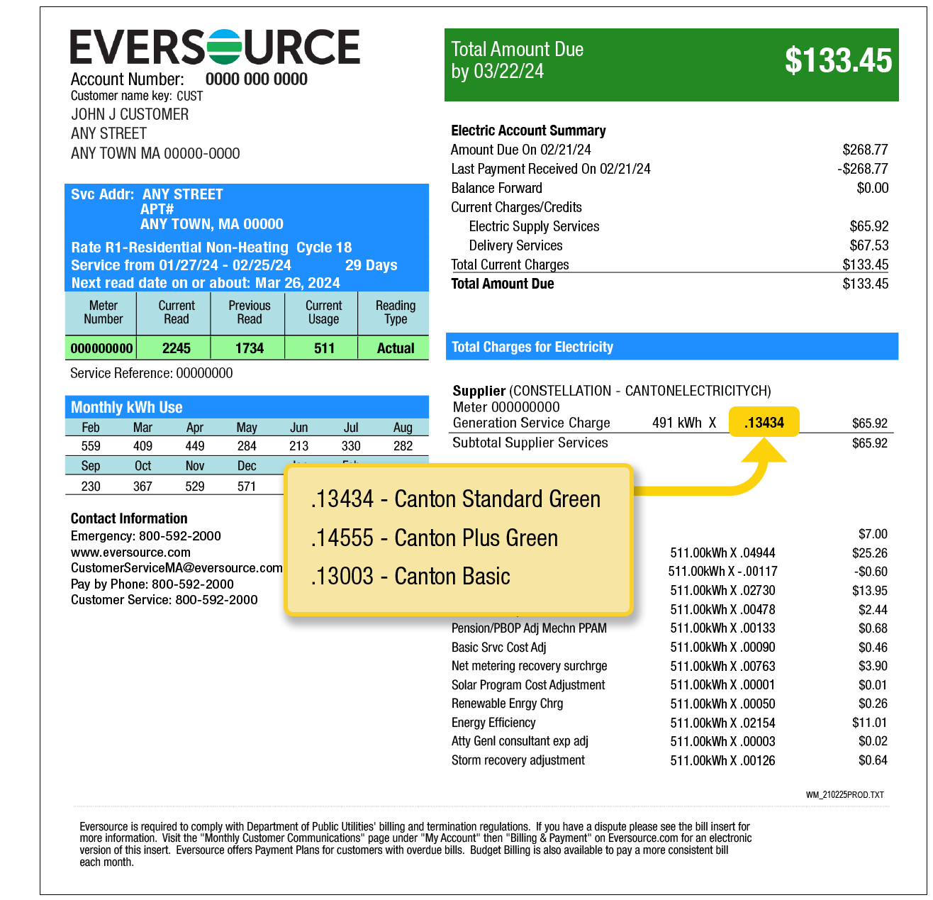 Page 2 Eversource bill example illustrating where to find your supply price. Your supply price is found under Total Charges for Electricity and over your delivery charges.