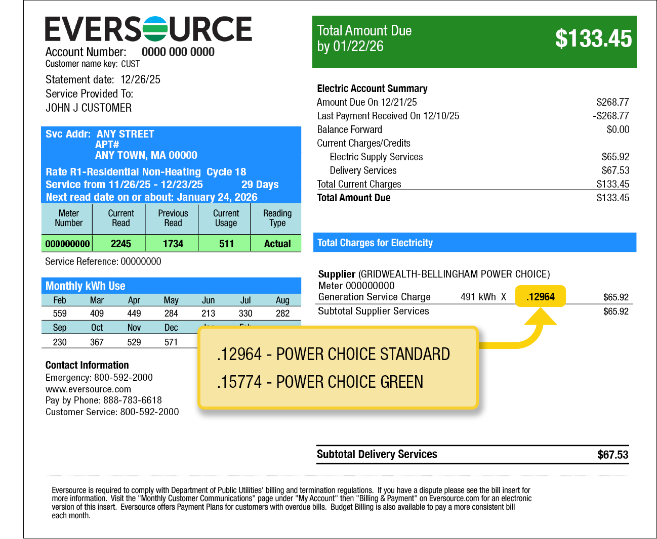 Page 2 Eversource bill example illustrating where to find your supply price. Your supply price is found under Total Charges for Electricity and over your delivery charges.
