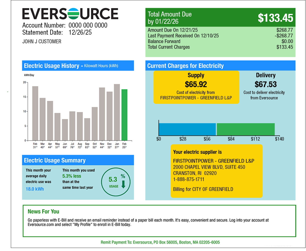 Page 1 Eversource bill example illustrating supply and delivery charges and electricity supplier contact information. The charges and the supplier information are found under Current Charges for Electricity.