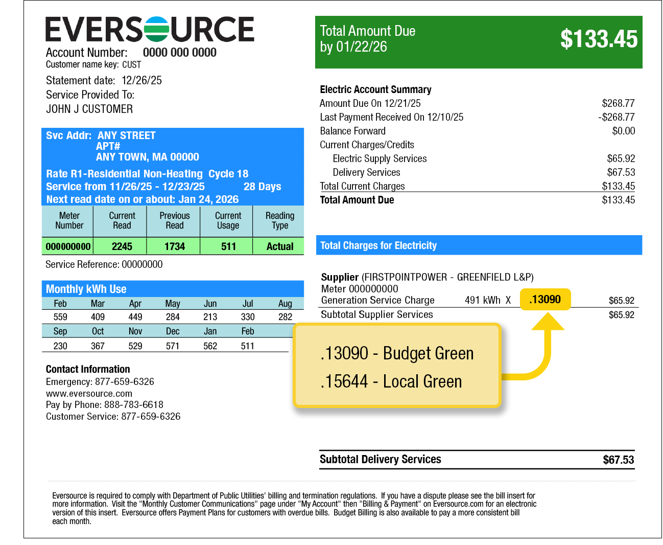 Page 2 Eversource bill example illustrating where to find your supply price. Your supply price is found under Total Charges for Electricity and over your delivery charges.