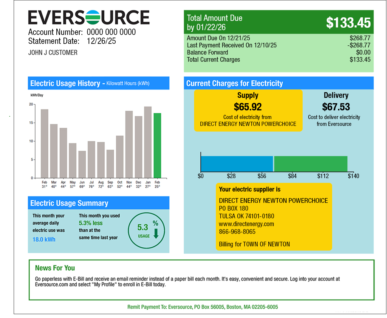 Page 1 Eversource bill example illustrating supply and delivery charges and electricity supplier contact information. The charges and the supplier information are found under Current Charges for Electricity.