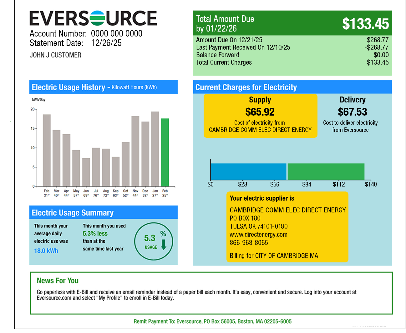 Page 1 Eversource bill example illustrating supply and delivery charges and electricity supplier contact information. The charges and the supplier information are found under Current Charges for Electricity.