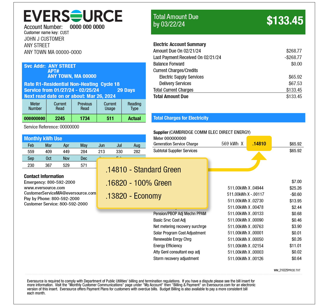 Page 2 Eversource bill example illustrating where to find your supply price. Your supply price is found under Total Charges for Electricity and over your delivery charges.
