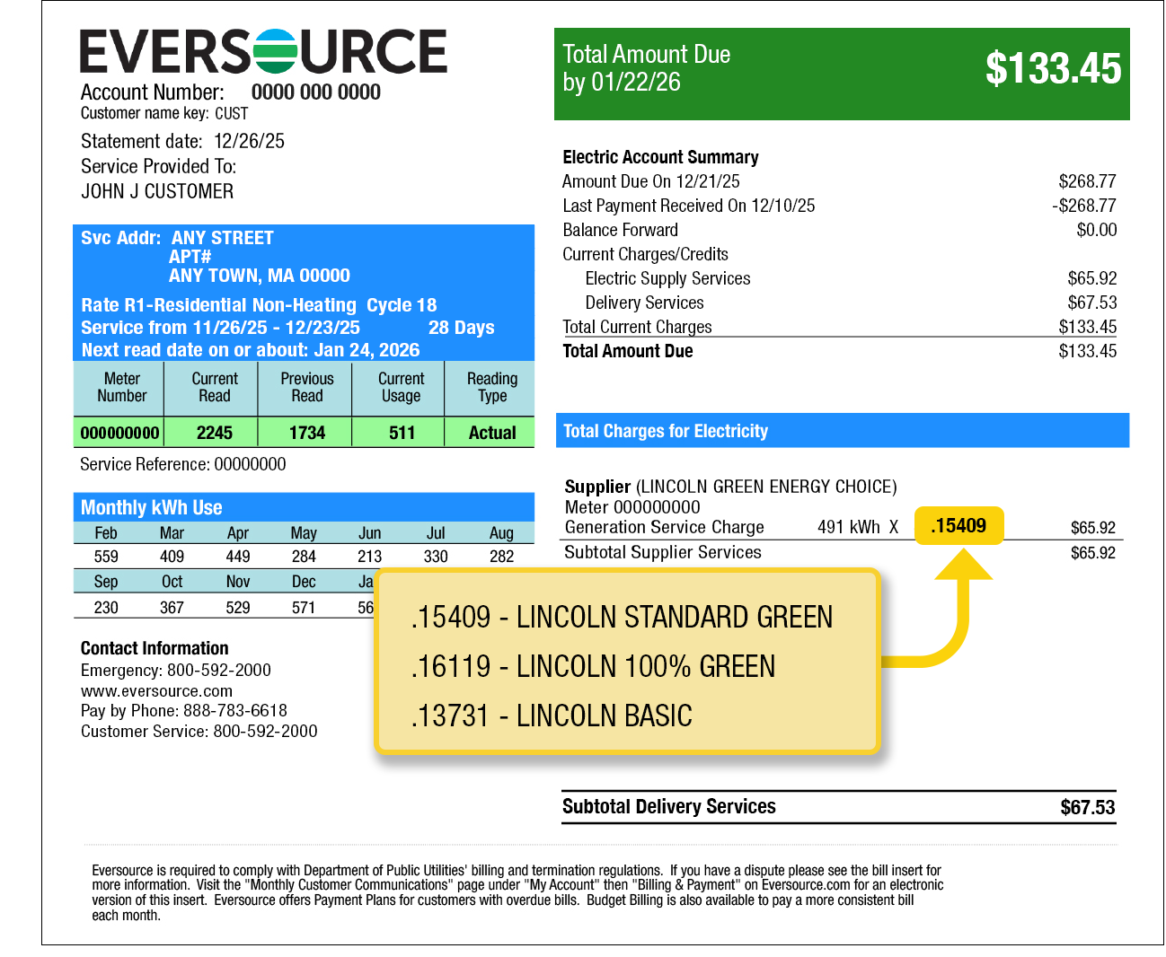 Page 2 Eversource bill example illustrating where to find your supply price. Your supply price is found under Total Charges for Electricity and over your delivery charges.