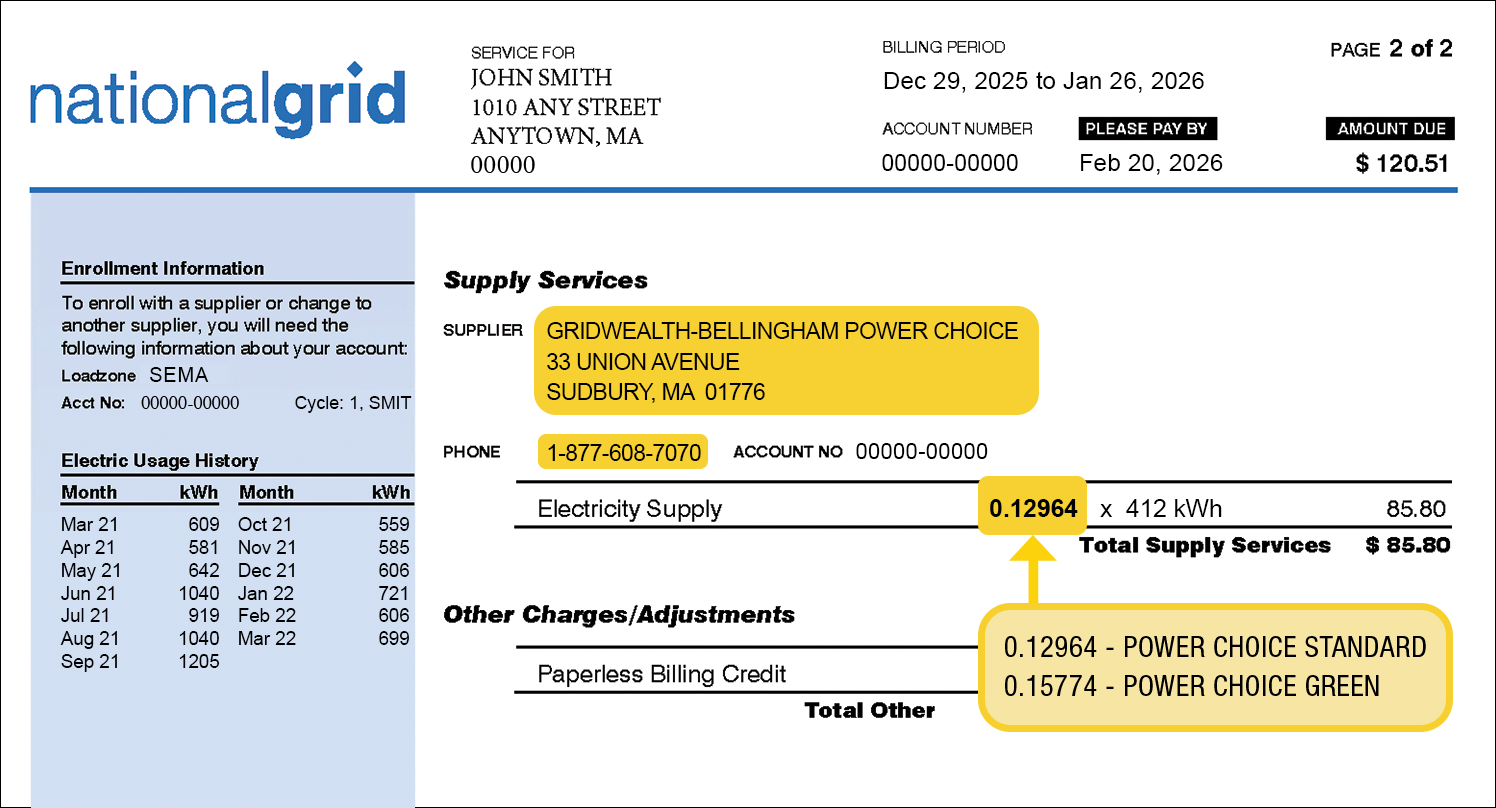 National Grid bill example illustrating where to find the supplier contact information and your supply price. Supply services typically appear on the bottom of the first page or on the top of the second page.