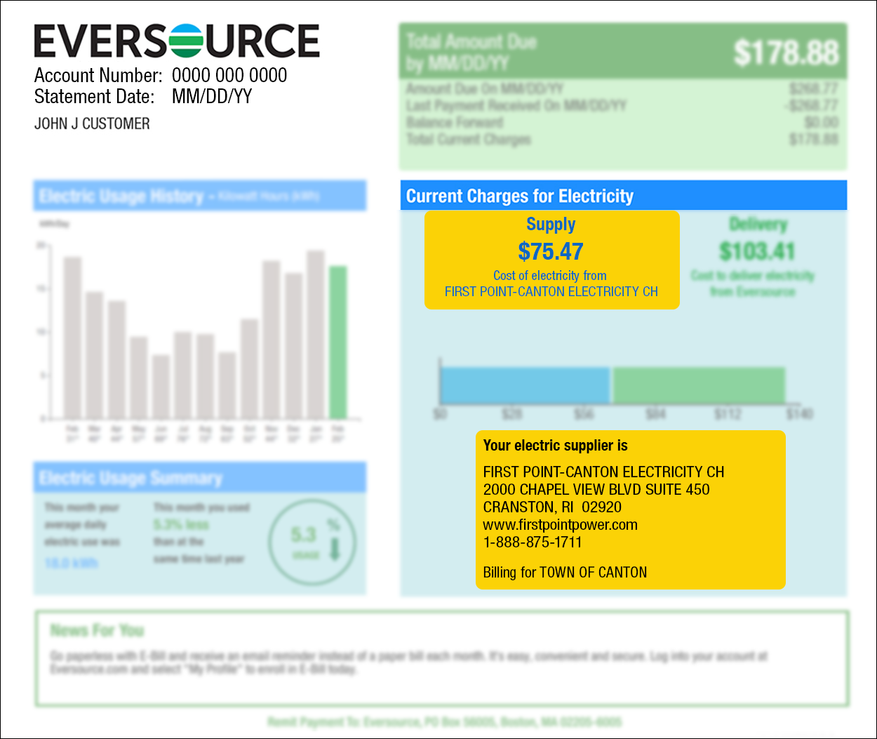 Page 1 Eversource bill example illustrating the supply charge and electricity supplier contact information. The supply charge and the supplier information are found under Current Charges for Electricity.