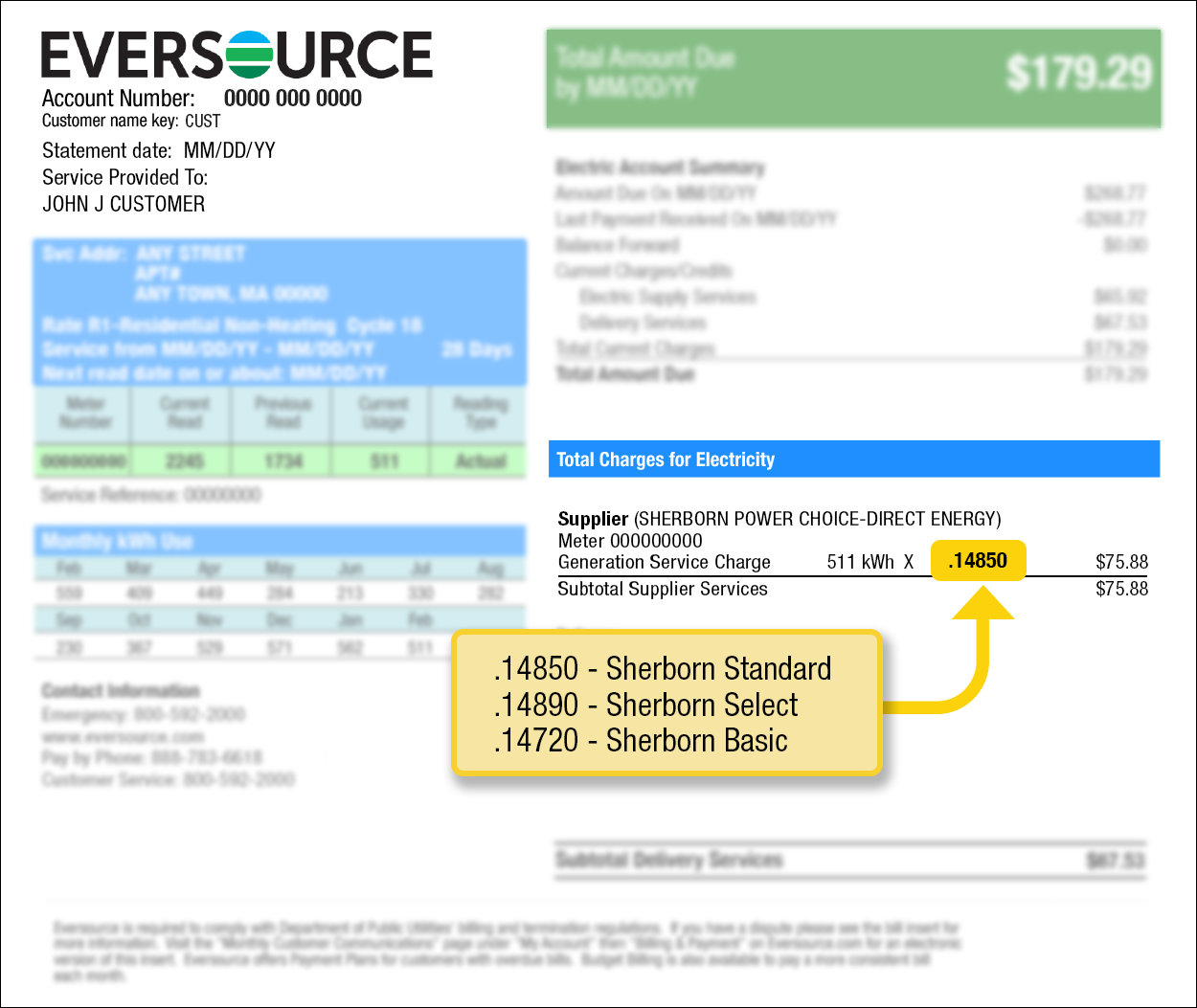Page 2 Eversource bill example illustrating where to find your supply price. Your supply price is found under Total Charges for Electricity and over your delivery charges.