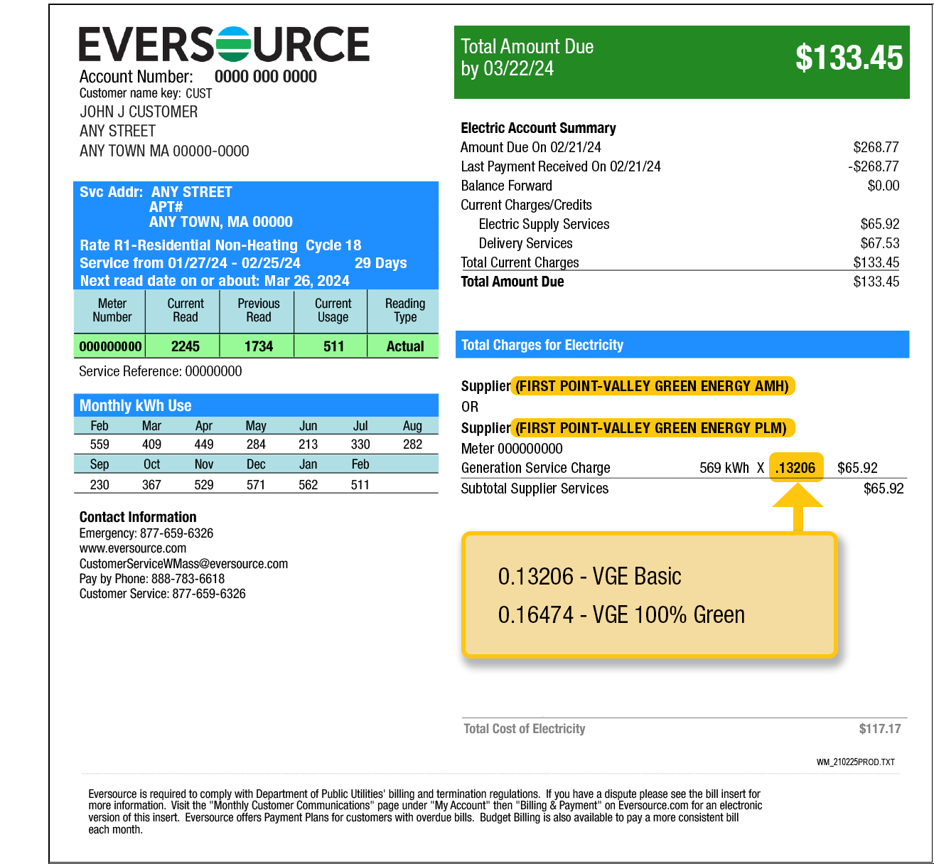 Page 2 Eversource bill example illustrating where to find your supply price. Your supply price is found under Total Charges for Electricity and over your delivery charges.