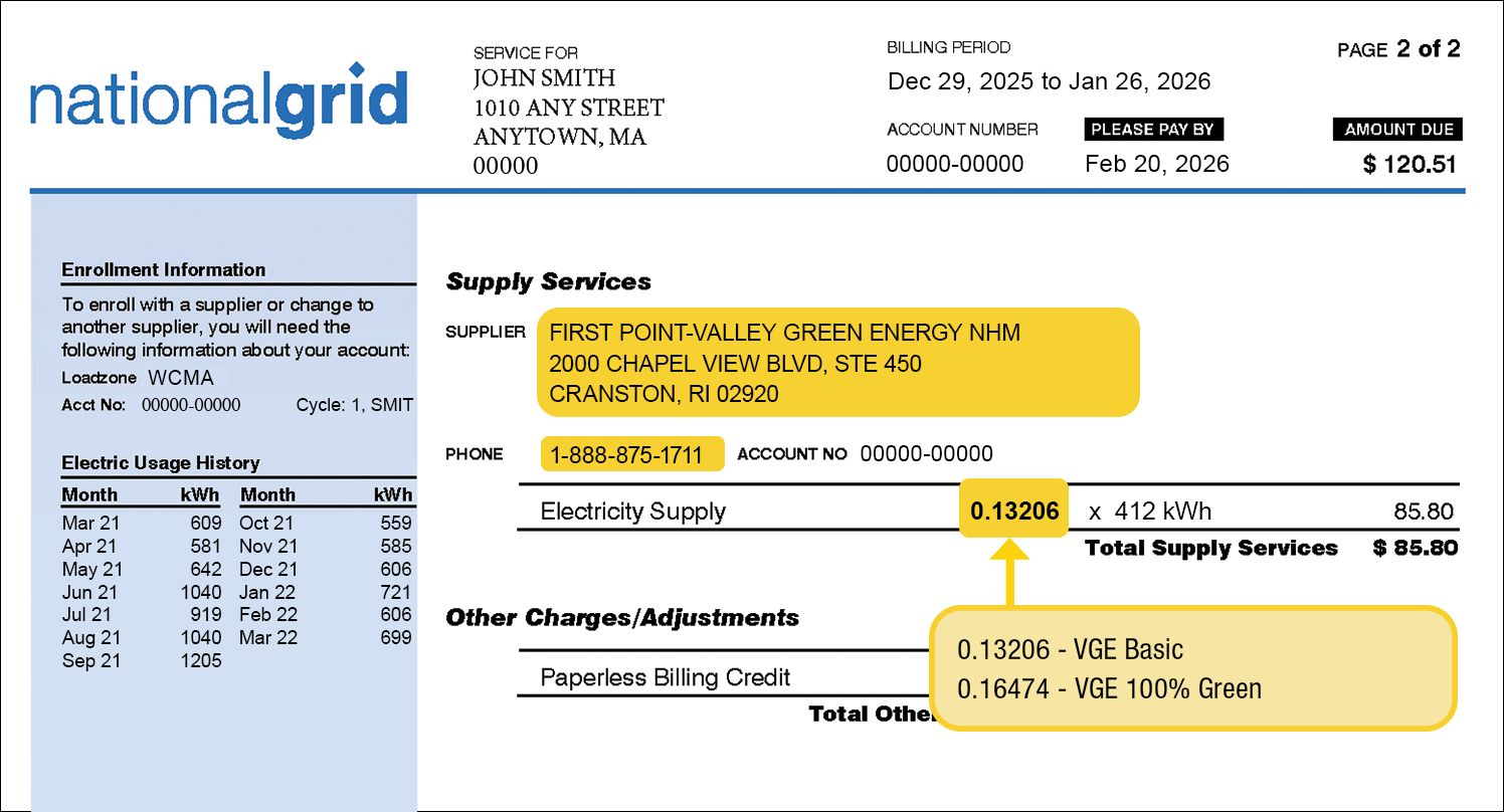 National Grid bill example illustrating where to find the supplier contact information and your supply price. Supply services typically appear on the top of the second or third page.