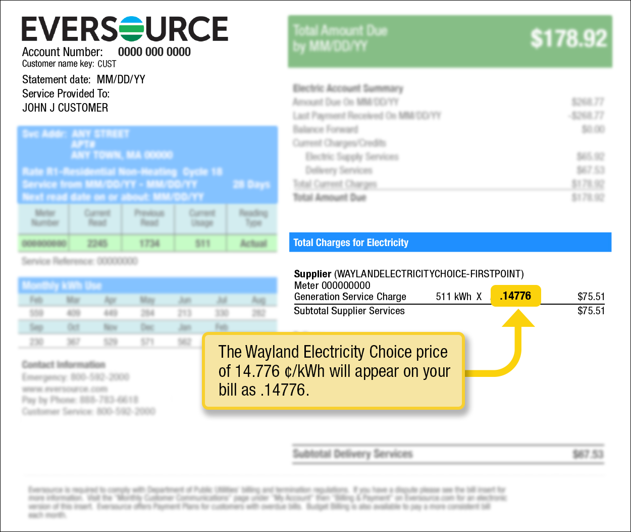 Page 2 Eversource bill example illustrating where to find your supply price. Your supply price is found under Total Charges for Electricity and over your delivery charges.
