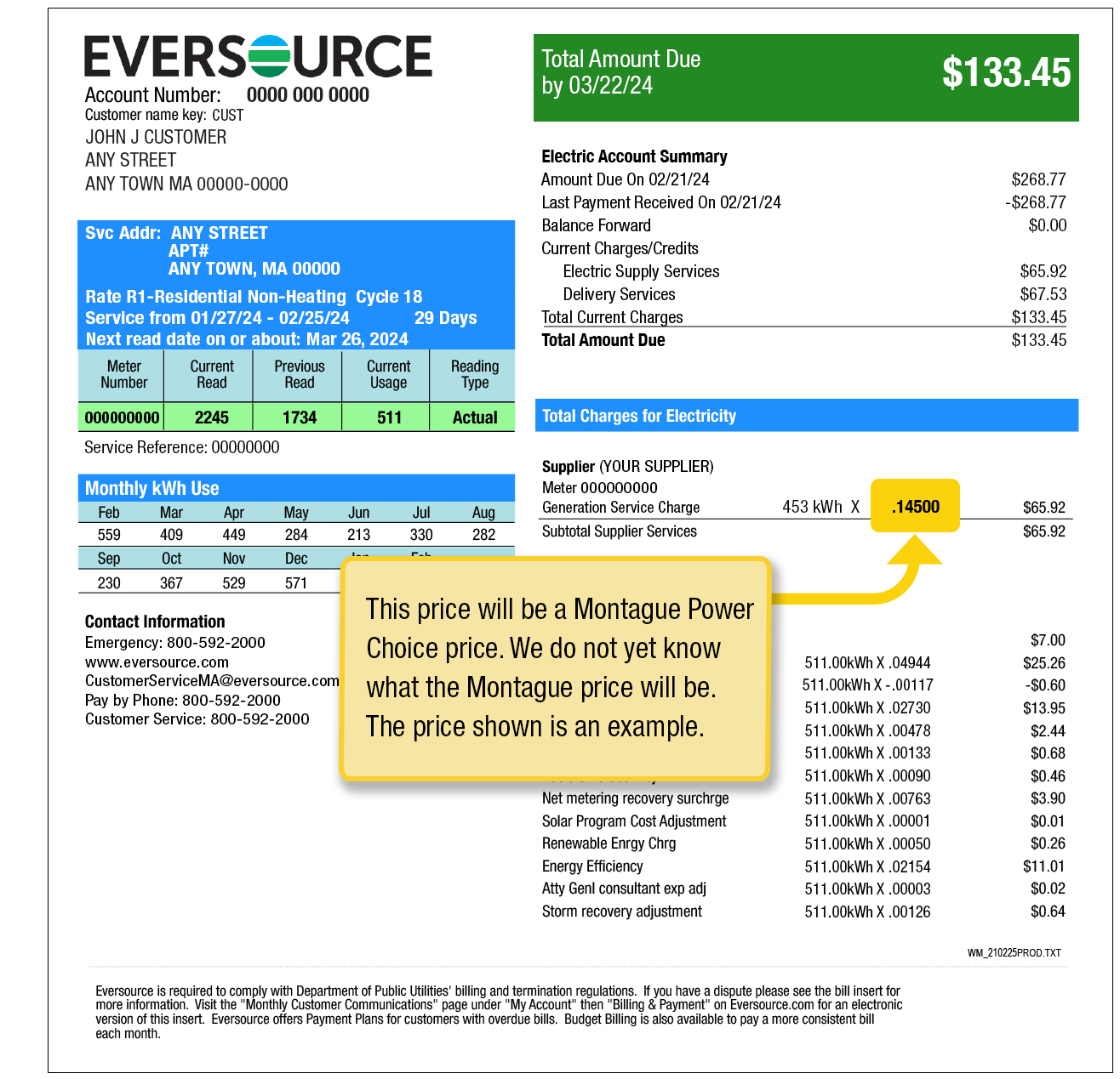 Page 2 Eversource bill highlighting where the supply price appears in the Total Charges for Electricity section. The supply price is the second number on the Generation Service Charge line. The price shown is an example, as we do not yet know what the Montague price will be.