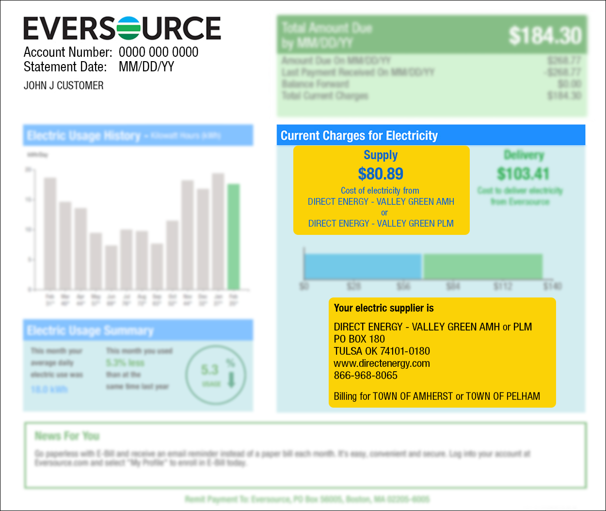 Page 1 Eversource bill highlighting the supply charge and supplier information. The charges and the supplier information are found under Current Charges for Electricity.