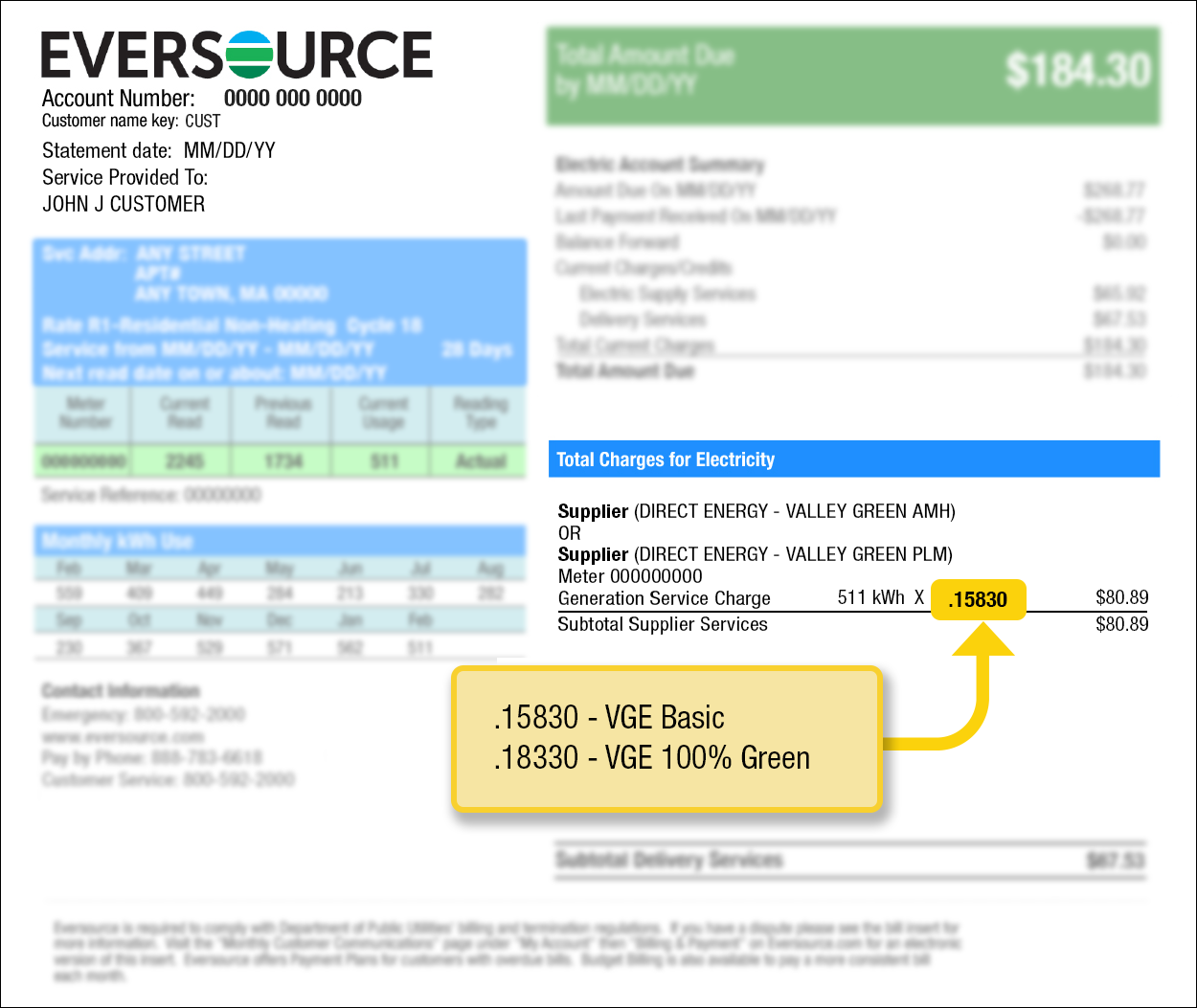 Page 2 Eversource bill highlighting the supply charge. Your supply price is found in the Total Charges for Electricity section. VGE Basic appears as .15830. VGE 100% Green appears as .18330.