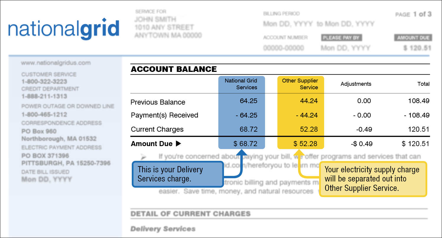 National Grid bill highlighting the National Grid Services and Other Supplier Services columns. National Grid Services includes your Delivery Services charge. Your supply charge is separated out into Other Supplier Services.