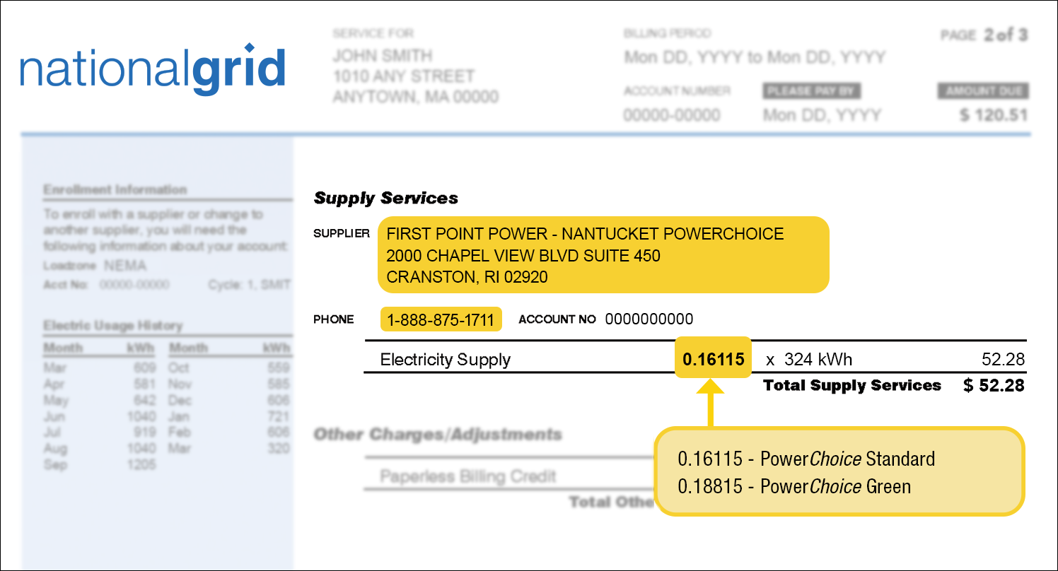 National Grid bill highlighting the supplier information and supply price. Power Choice Standard appears as 0.16115. Power Choice Green appears as 0.18815.