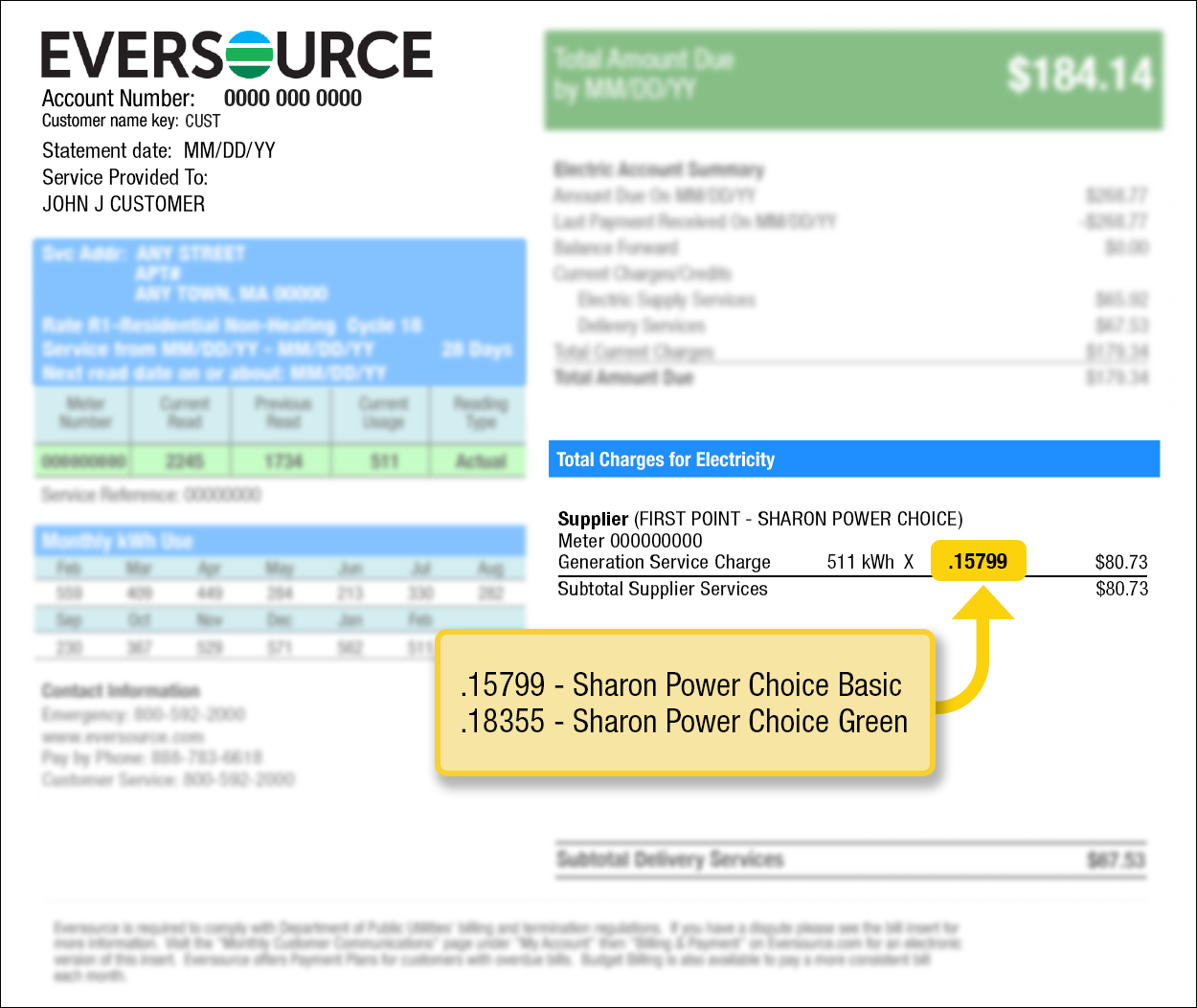 Page 2 Eversource bill highlighting the supply charge. Your supply price is found in the Total Charges for Electricity section. Sharon Power Choice Basic appears as .15799. Sharon Power Choice Green appears as .18355.