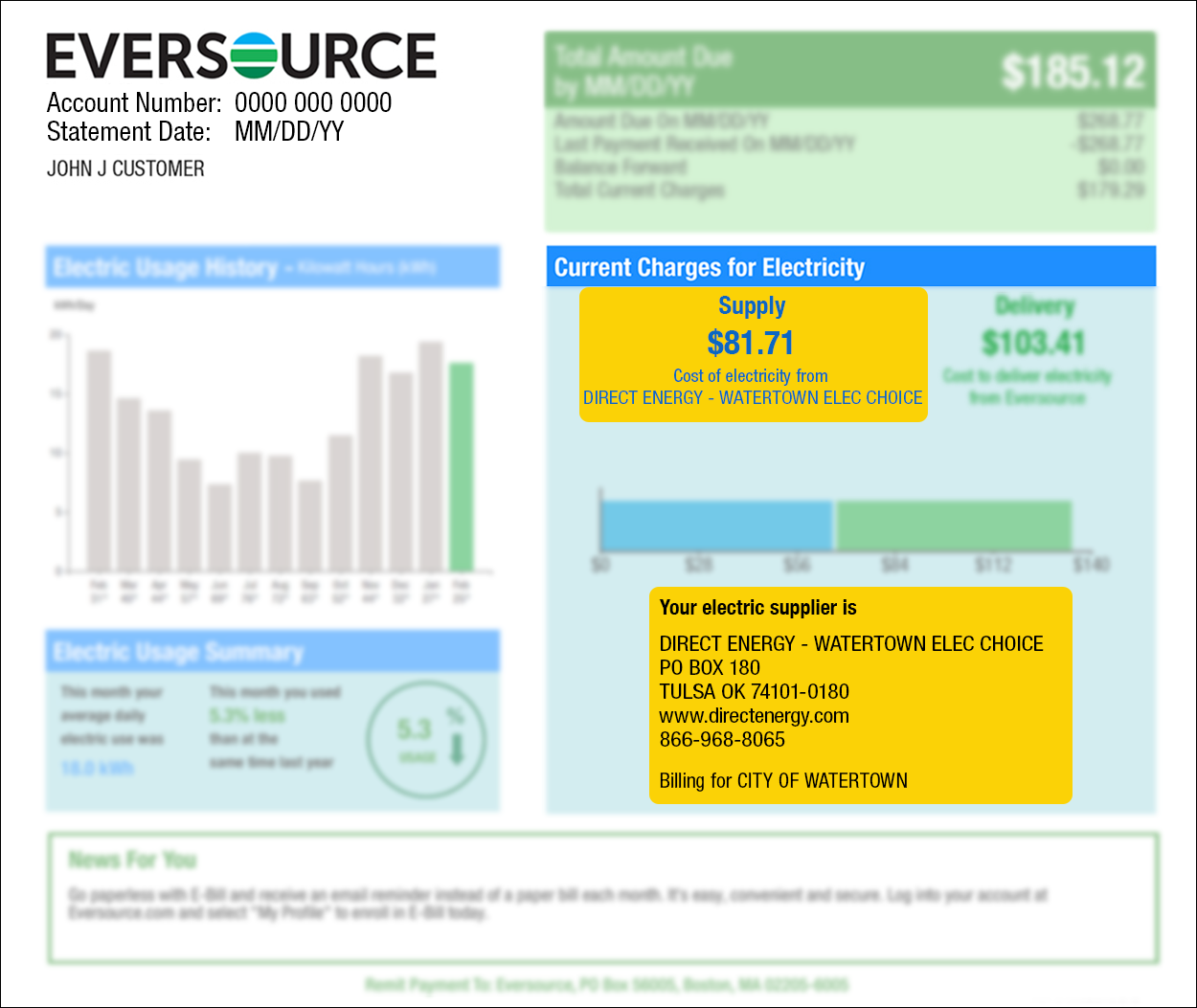 Page 1 Eversource bill highlighting the supply charge and supplier information, which are found in the Current Charges for Electricity section.